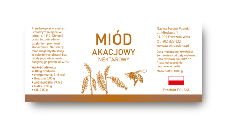 Etykieta na miód akacjowy.