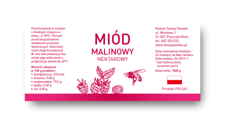 Etykieta na miód malinowy.