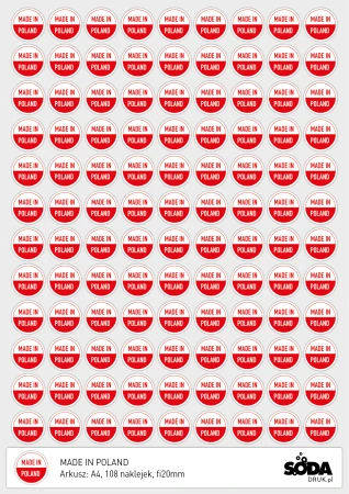 MADE IN POLAND, naklejki fi20mm, arkusz A4 108szt