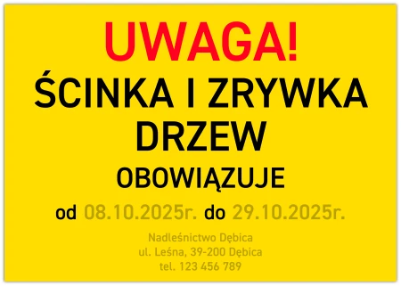 UWAGA! ŚCINKA I ZRYWKA DRZEW - tabliczka personalizowana