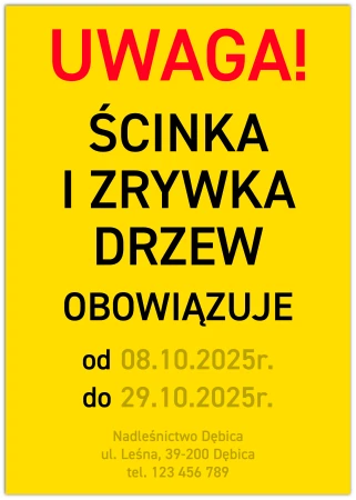 UWAGA! ŚCINKA I ZRYWKA DRZEW - tabliczka personalizowana pionowa