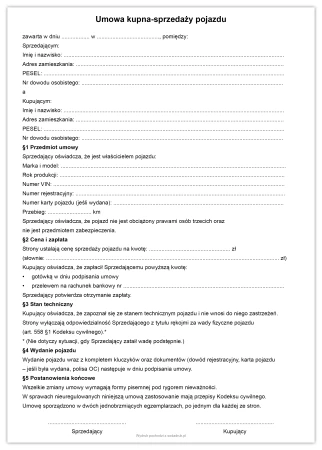Umowa kupna–sprzedaży pojazdu – darmowy szablon PDF do pobrania + opcja zakupu wydruku