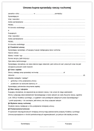 Umowa kupna–sprzedaży rzeczy ruchomej