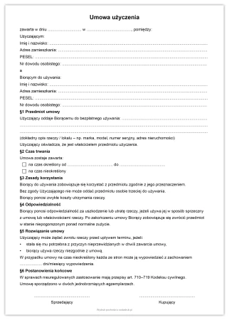 Umowa użyczenia – darmowy szablon PDF do pobrania + opcja zakupu wydruku
