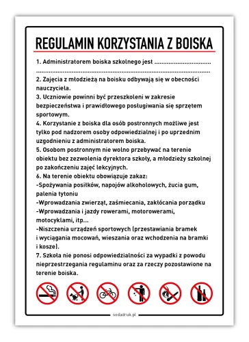 Przejdź do produktu Regulamin korzystania z boiska - tabliczka