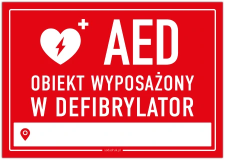 Tabliczka defibrylator AED z miejscem do wpisania lokalizacji – czerwona