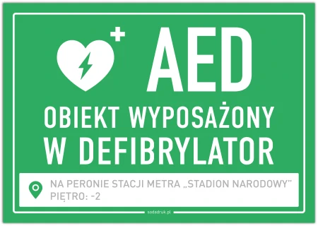 Tabliczka defibrylator AED z miejscem do wpisania lokalizacji – zielona