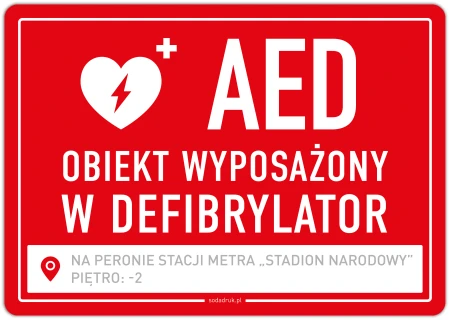 Naklejka defibrylator AED z miejscem do wpisania lokalizacji – czerwona