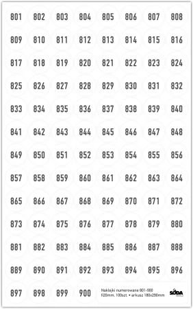 Naklejki fi20mm numerowane na arkuszu 801-900