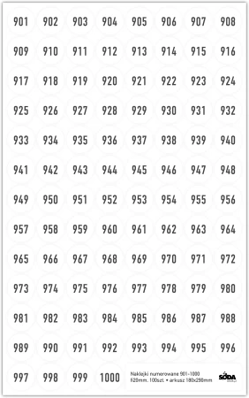 Naklejki fi20mm numerowane na arkuszu 901-1000