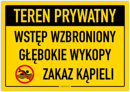 Teren prywatny, głębokie wykopy, zakaz kąpieli – tabliczka
