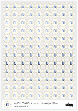 MADE IN EU, naklejki fi20mm, arkusz A4 108szt