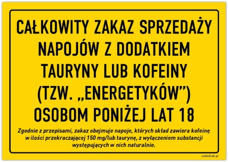 Całkowity zakaz sprzedaży napojów z dodatkiem tauryny lub kofeiny - tabliczka