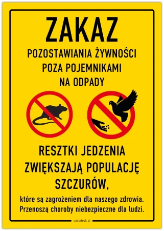 Zakaz pozostawiania żywności poza pojemnikami na odpady - tabliczka