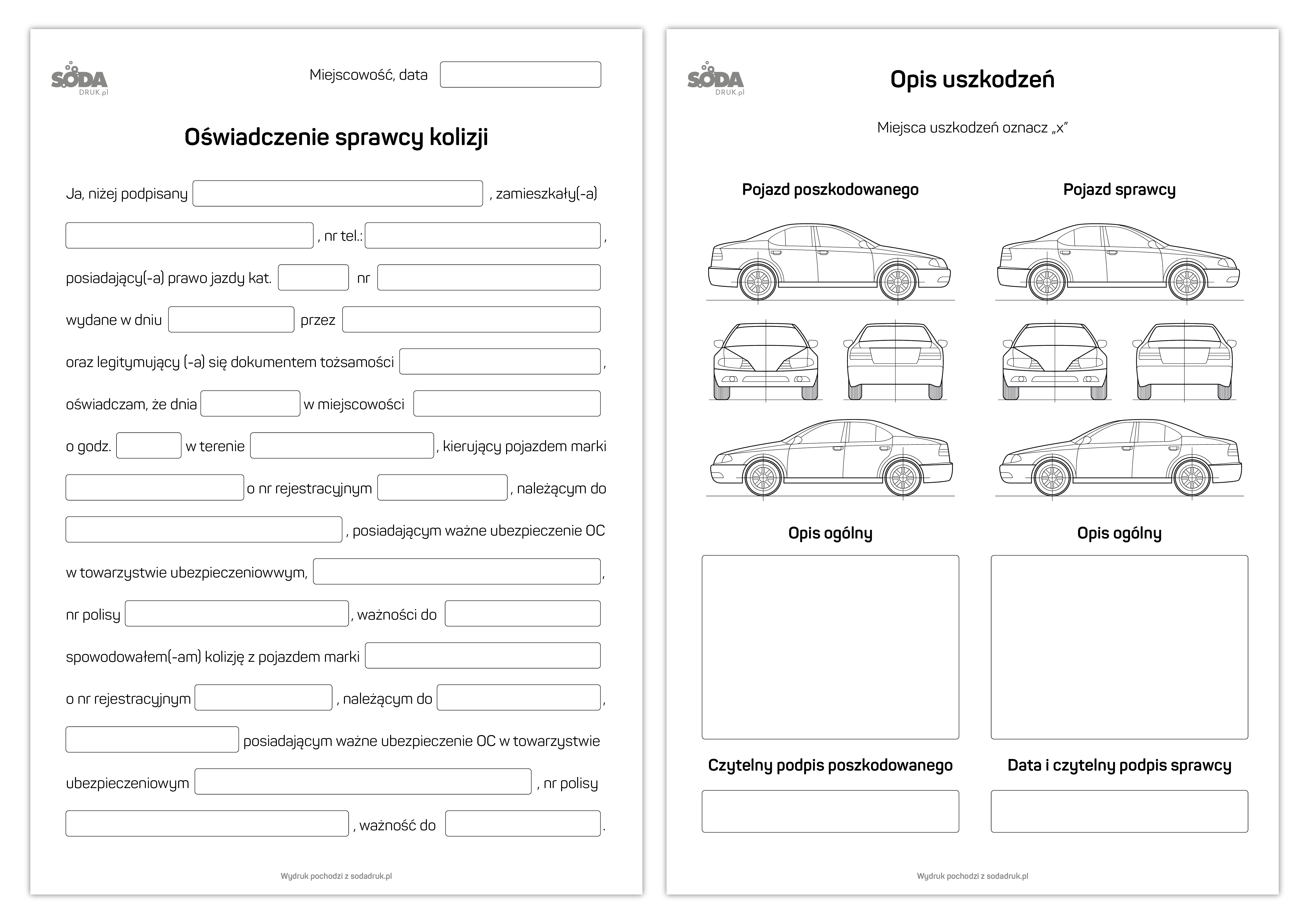 Oświadczenie sprawcy kolizji – darmowy szablon PDF do pobrania + opcja zakupu wydruku