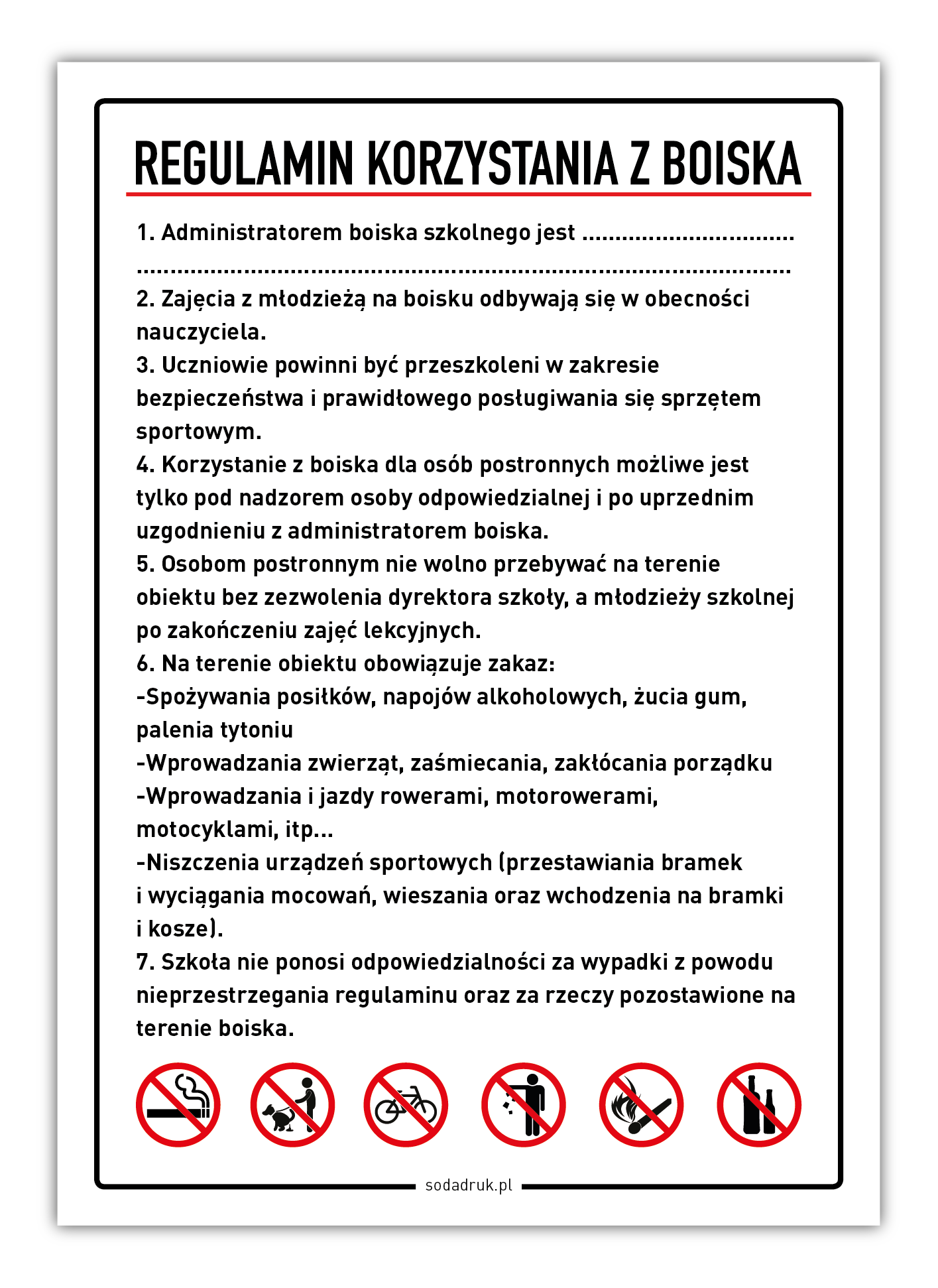 Regulamin korzystania z boiska - tabliczka