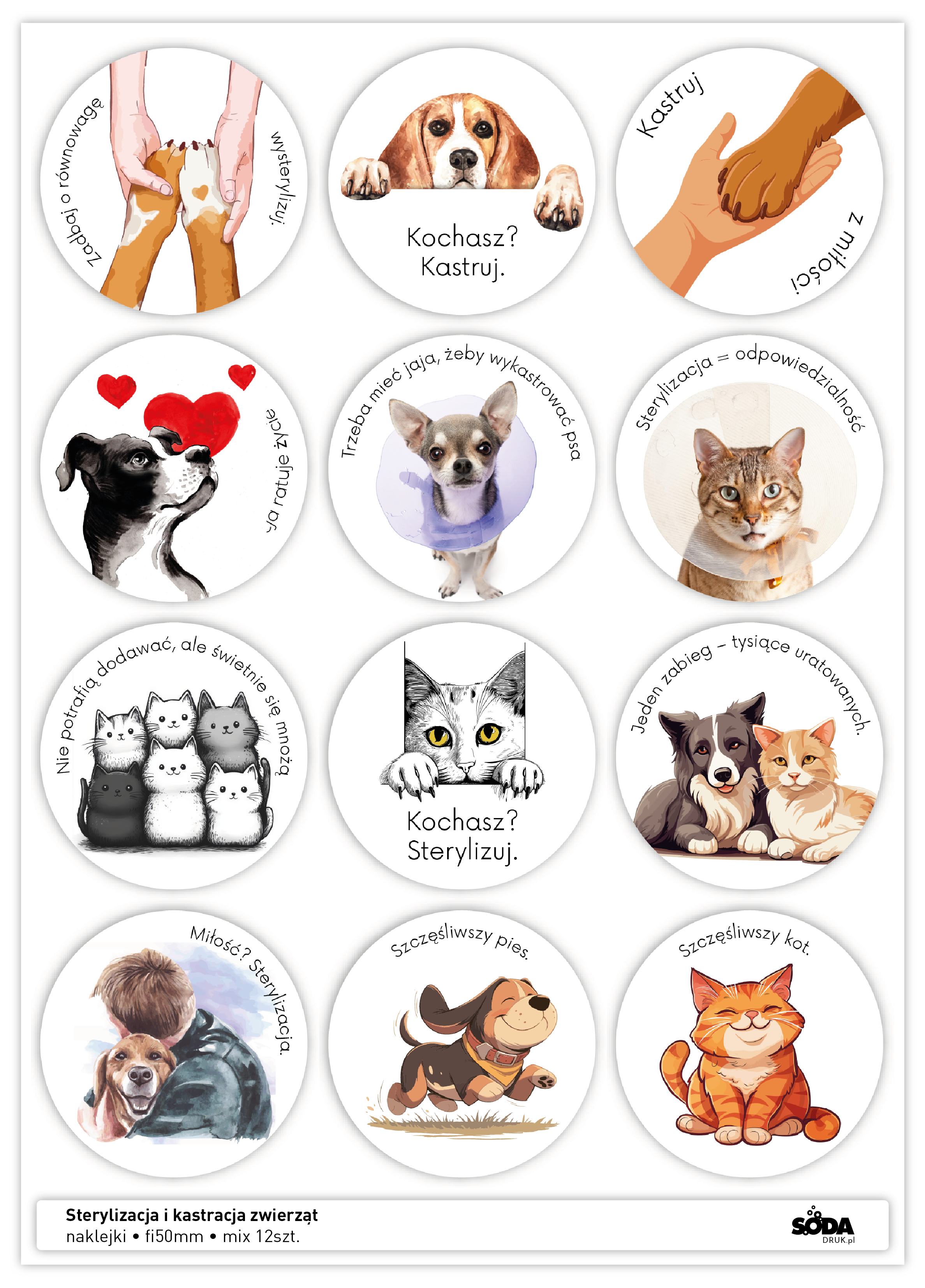 Sterylizacja i kastracja zwierząt Kampania Społeczna - naklejki fi50mm - mix 12szt.
