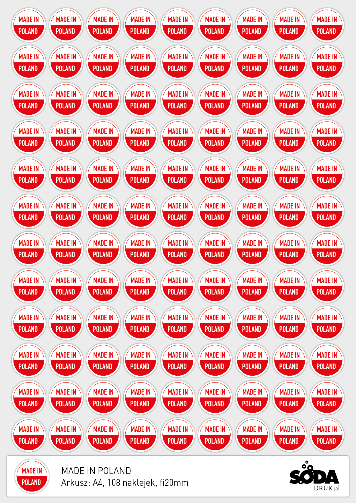 MADE IN POLAND, naklejki fi20mm, arkusz A4 108szt