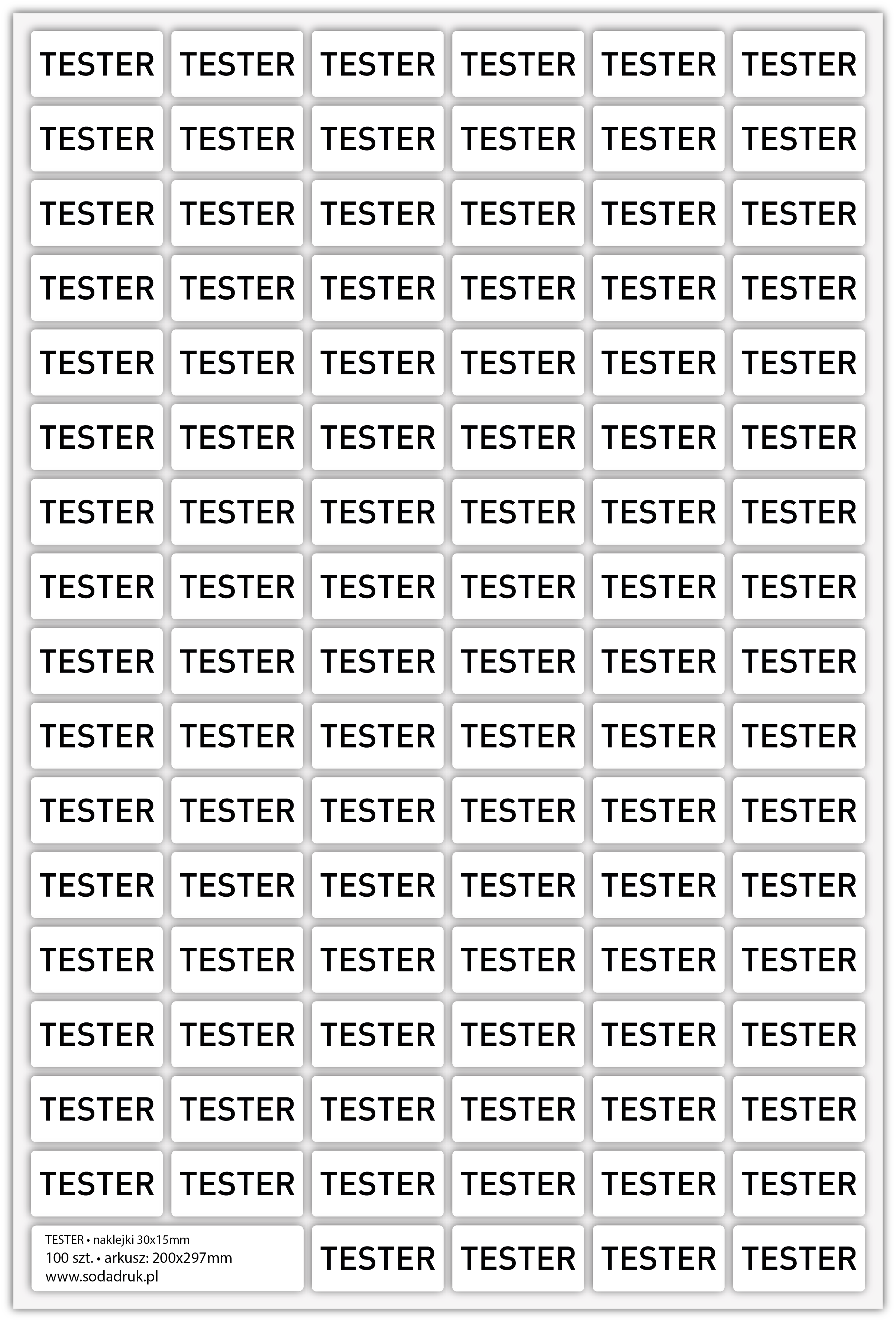 TESTER, naklejki 30x15mm, 100 szt. na ark.