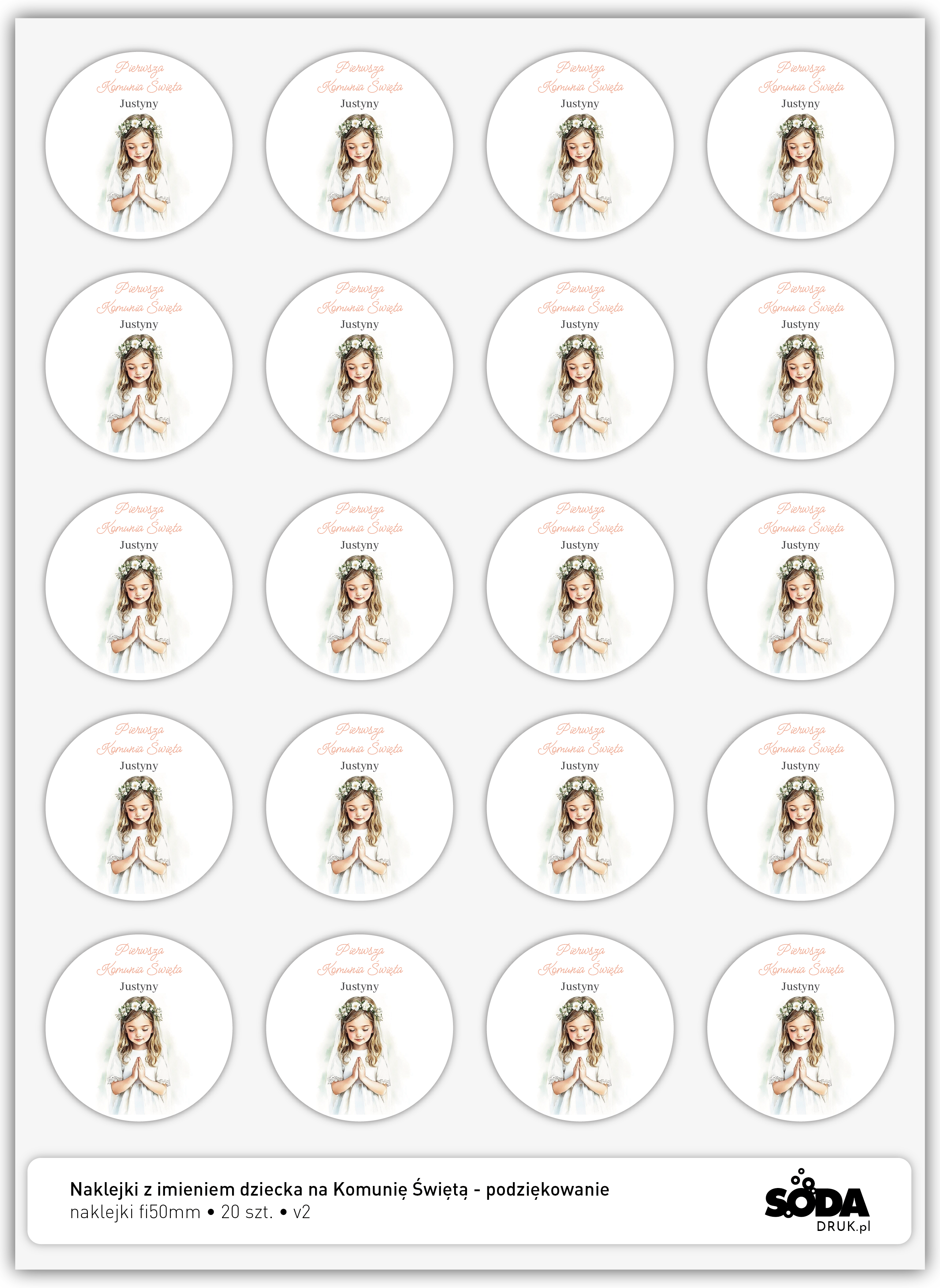 Naklejki z imieniem dziecka na Komunię Świętą - podziękowanie v2