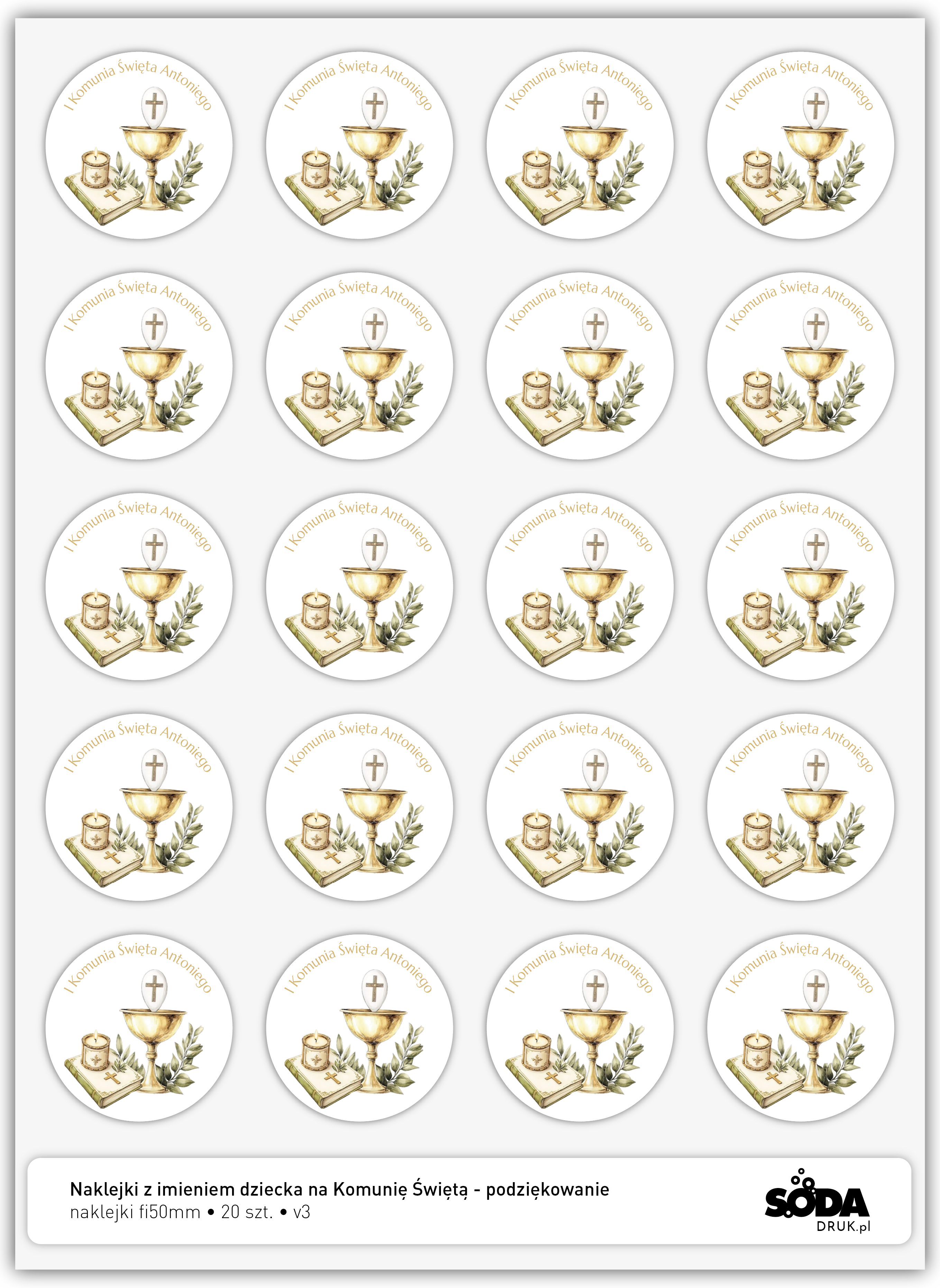 Naklejki z imieniem dziecka na Komunię Świętą - podziękowanie v3