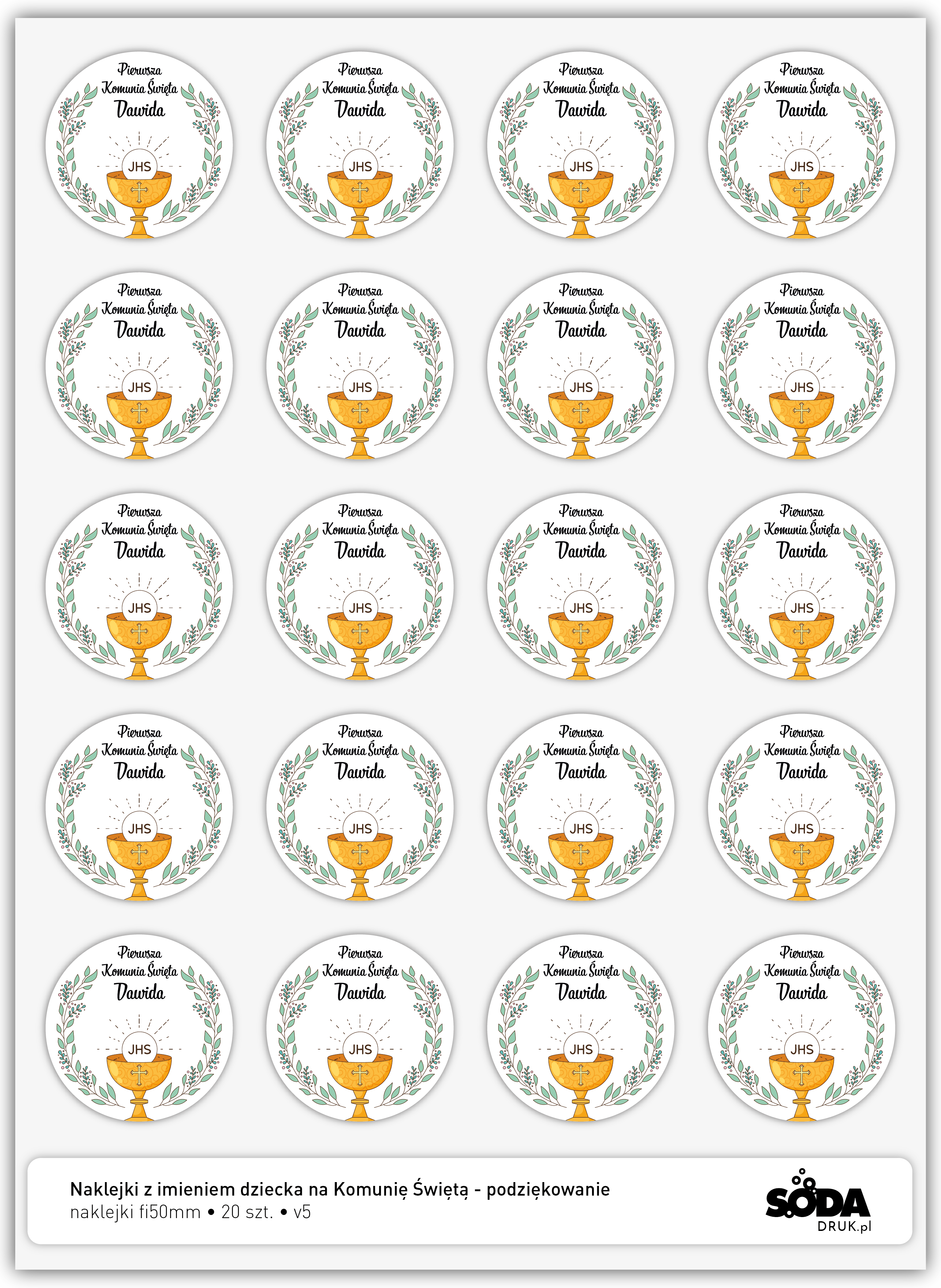 Naklejki z imieniem dziecka na Komunię Świętą - podziękowanie v5