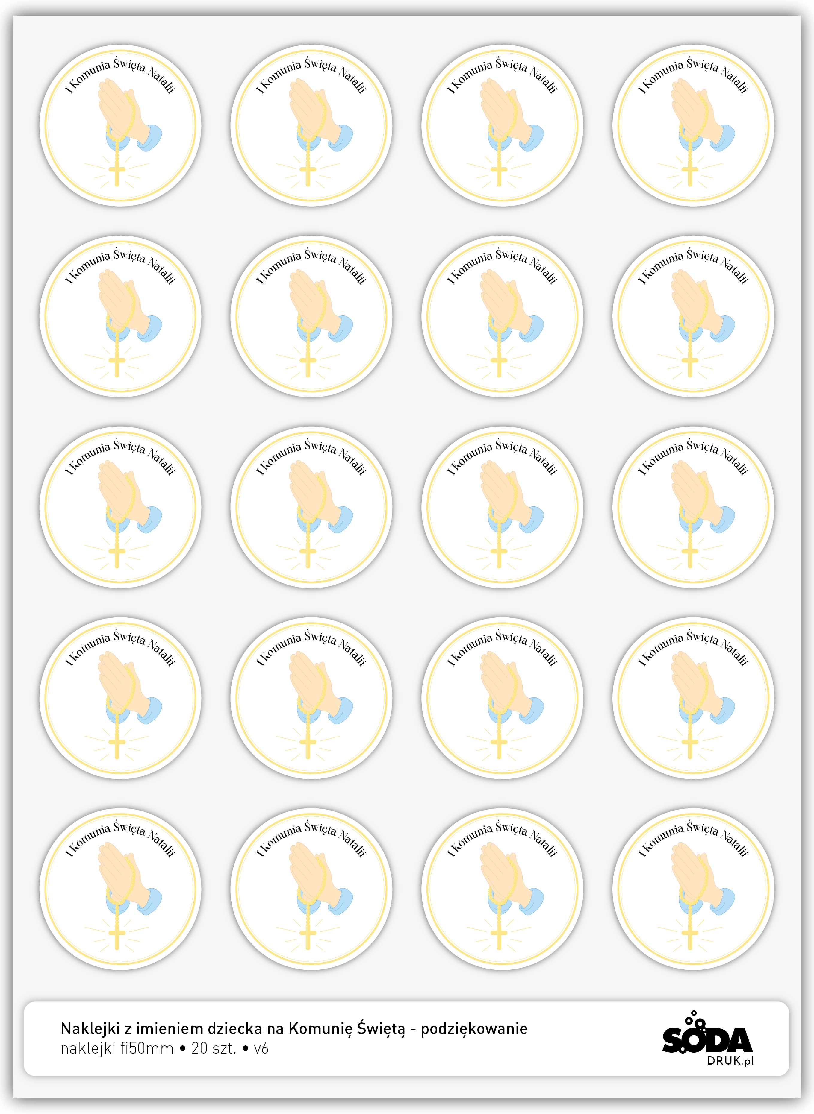 Naklejki z imieniem dziecka na Komunię Świętą - podziękowanie v6