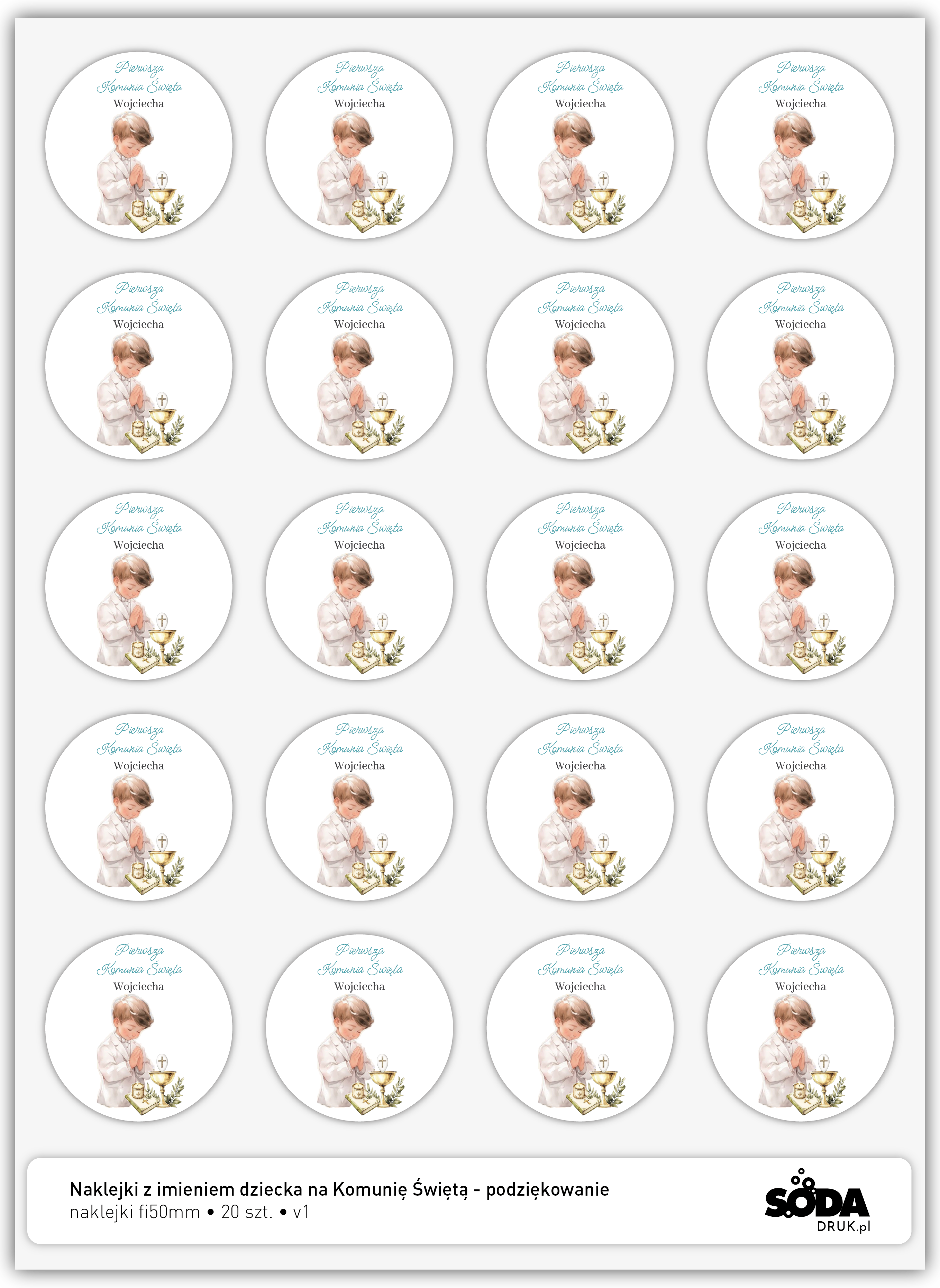 Naklejki z imieniem dziecka na Komunię Świętą - podziękowanie v1