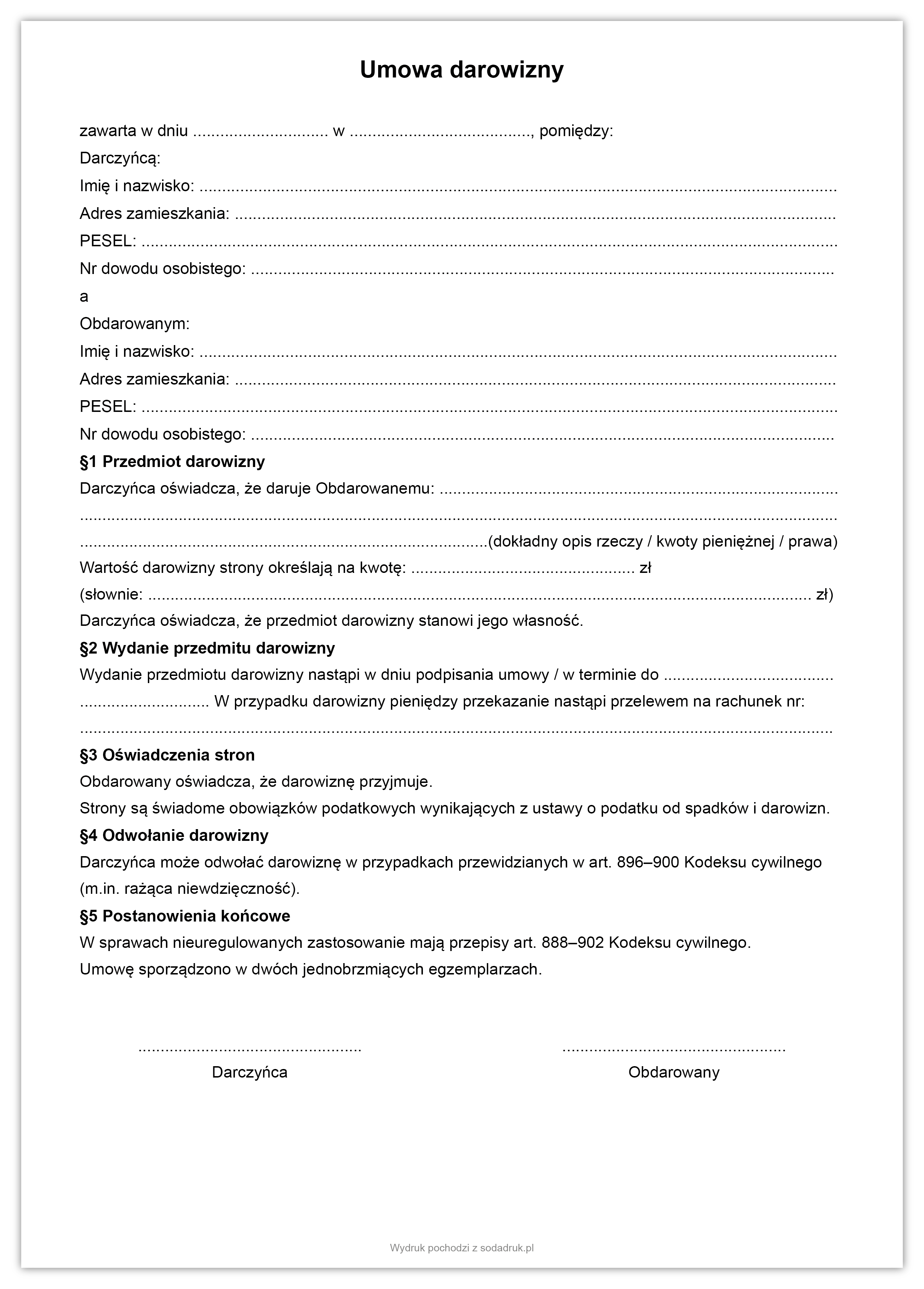 Umowa darowizny – darmowy szablon PDF do pobrania + opcja zakupu wydruku