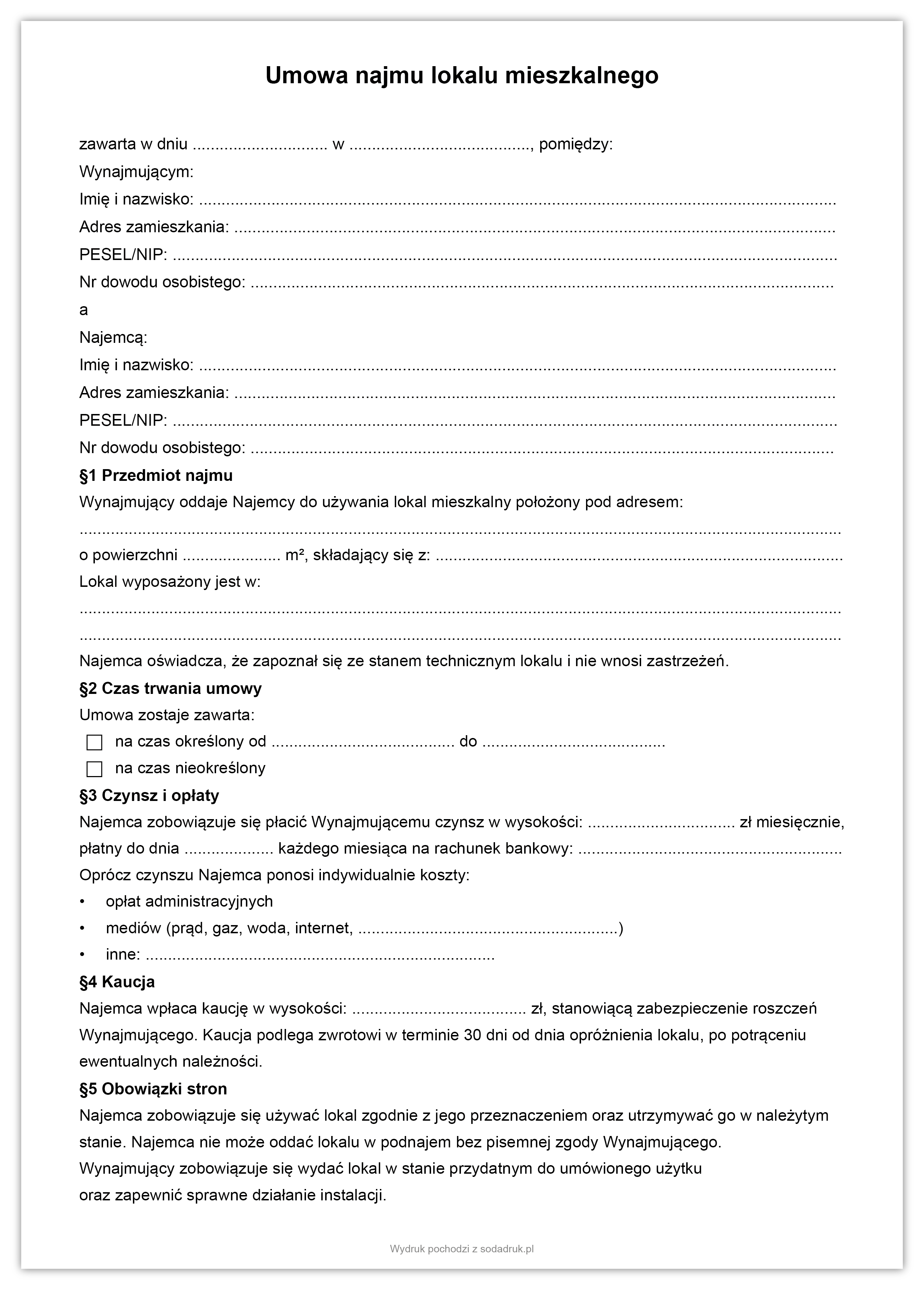 Umowa najmu lokalu mieszkalnego – darmowy szablon PDF do pobrania + opcja zakupu wydruku