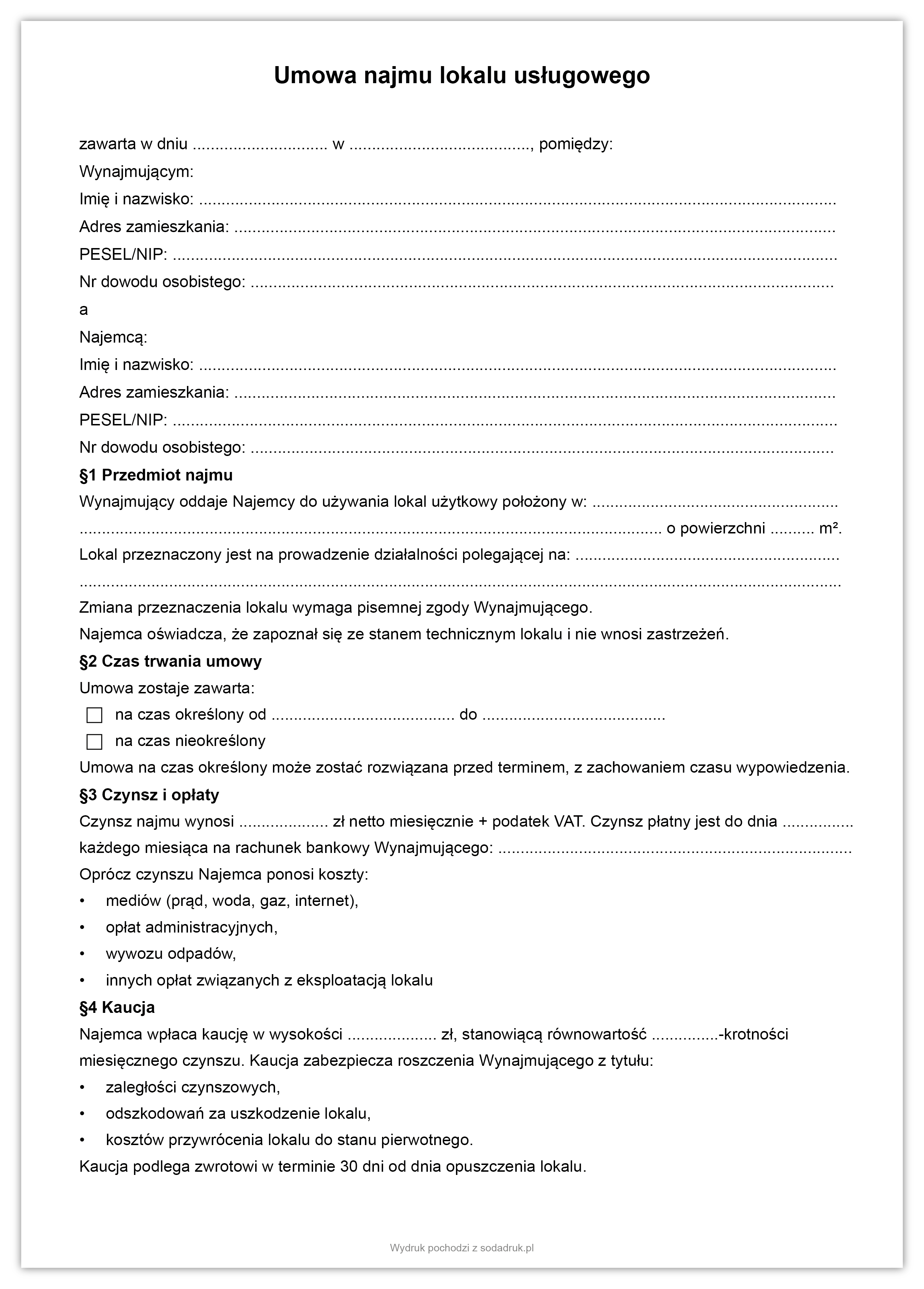 Umowa najmu lokalu usługowego – darmowy szablon PDF do pobrania + opcja zakupu wydruku