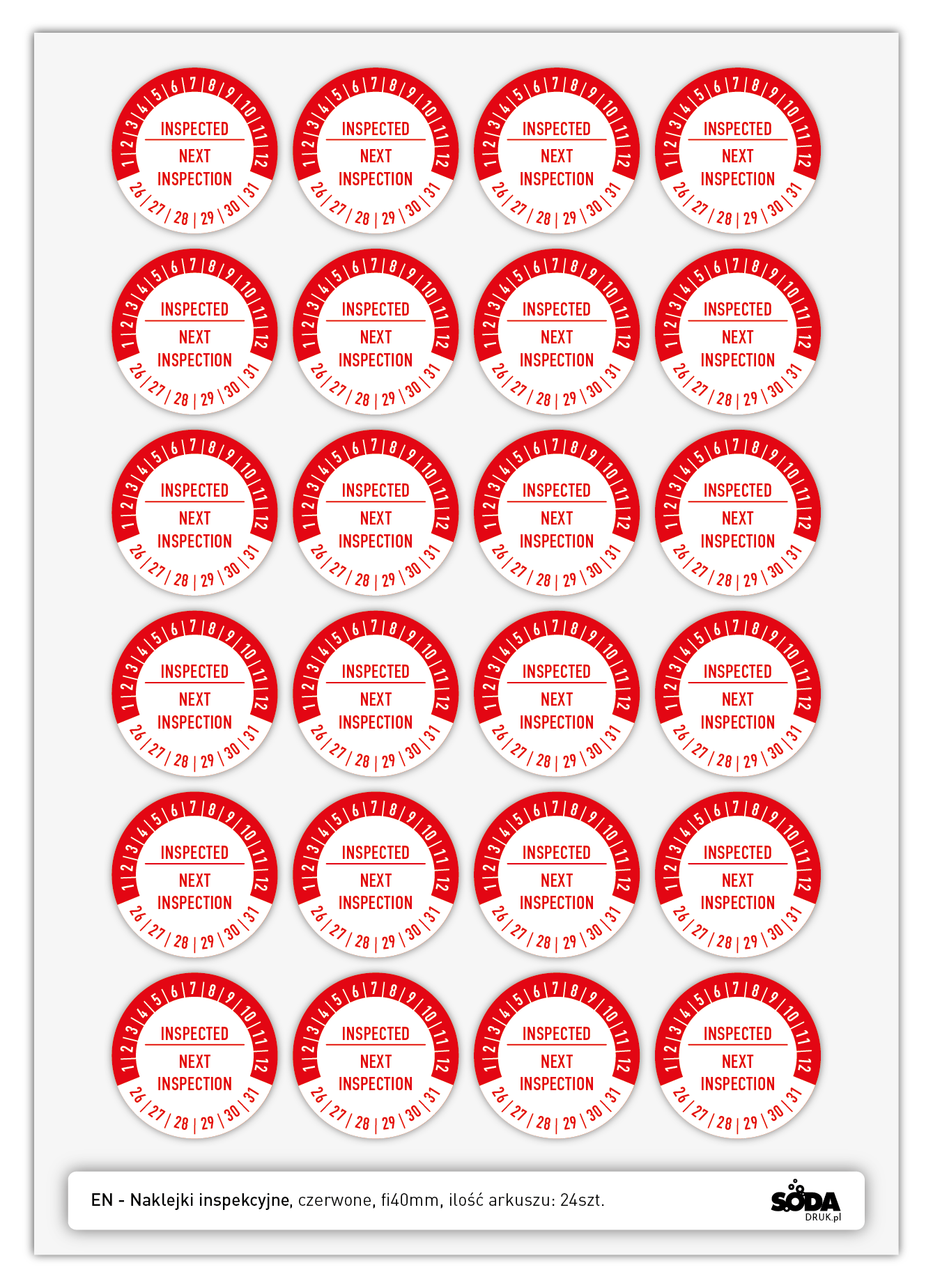 Naklejka inspekcyjna, kontrolka, fi40mm czerwone EN