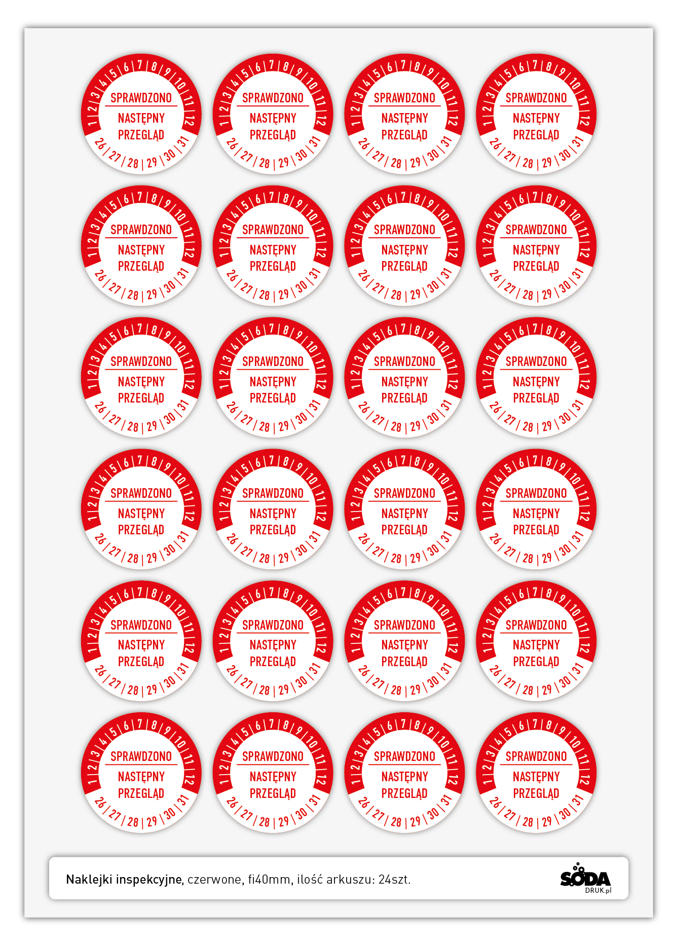 Naklejka inspekcyjna, kontrolka fi40mm czerwone