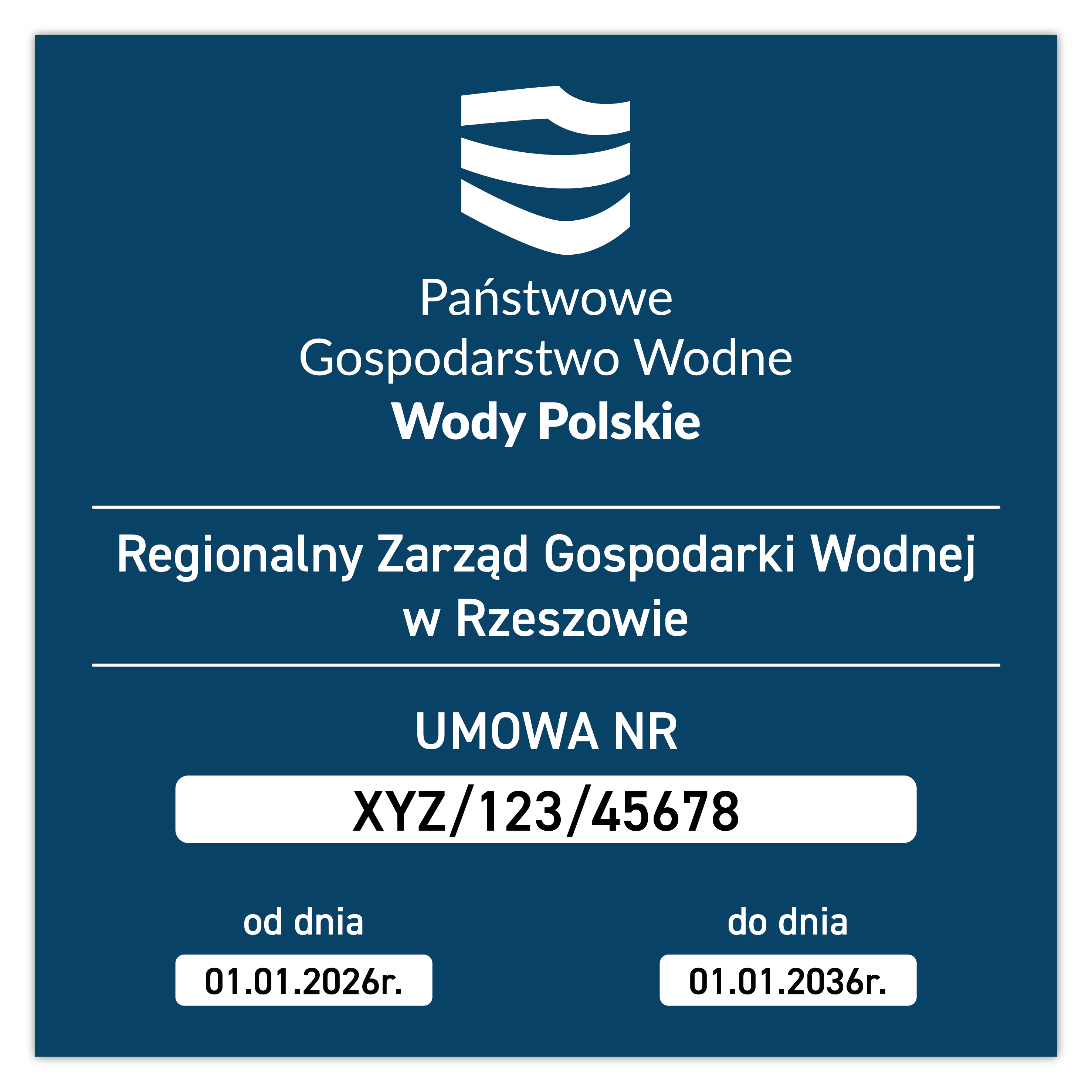 Państwowe Gospodarstwo Wodne - tabliczka z numerem umowy