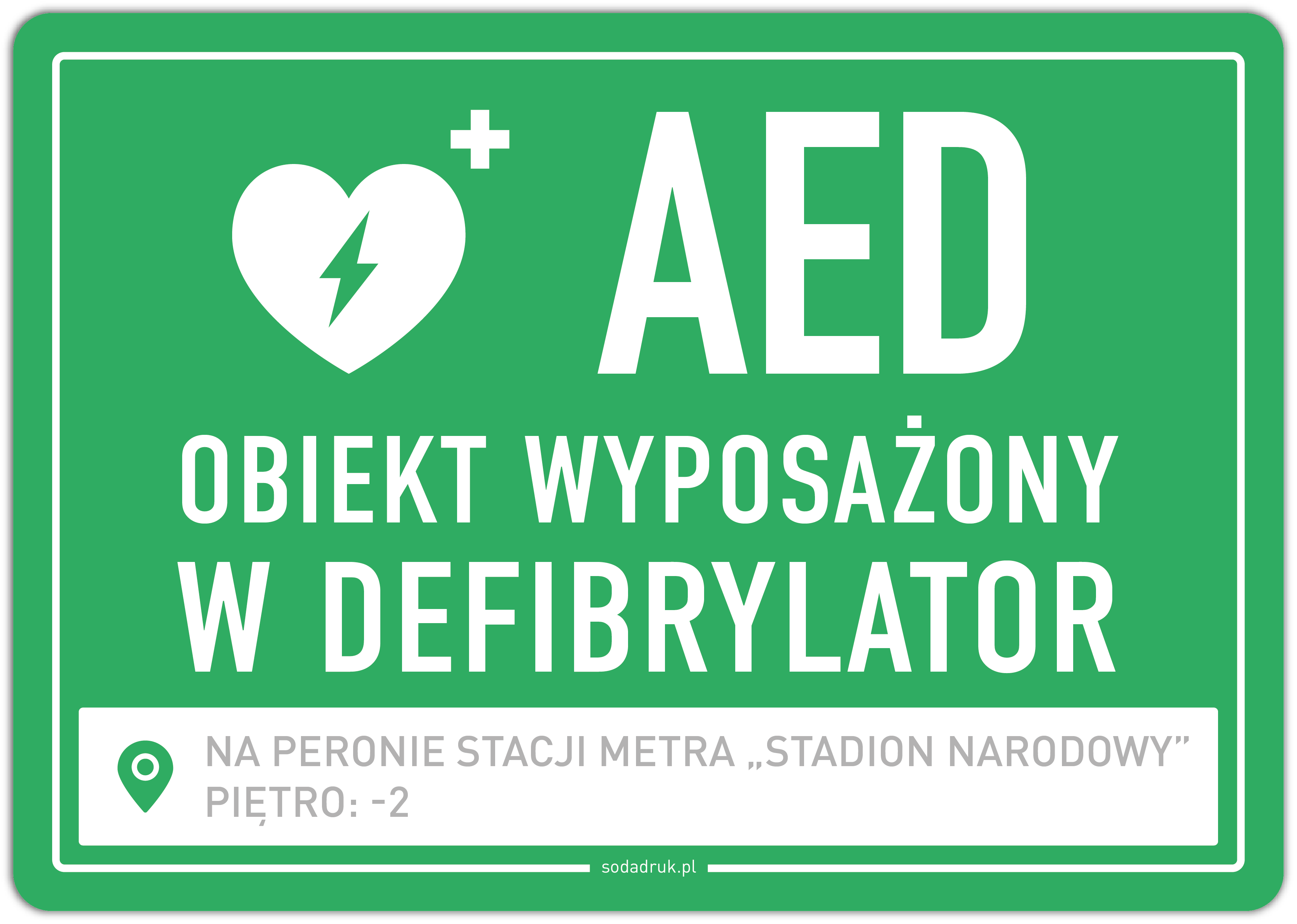 Naklejka defibrylator AED z miejscem do wpisania lokalizacji – zielona