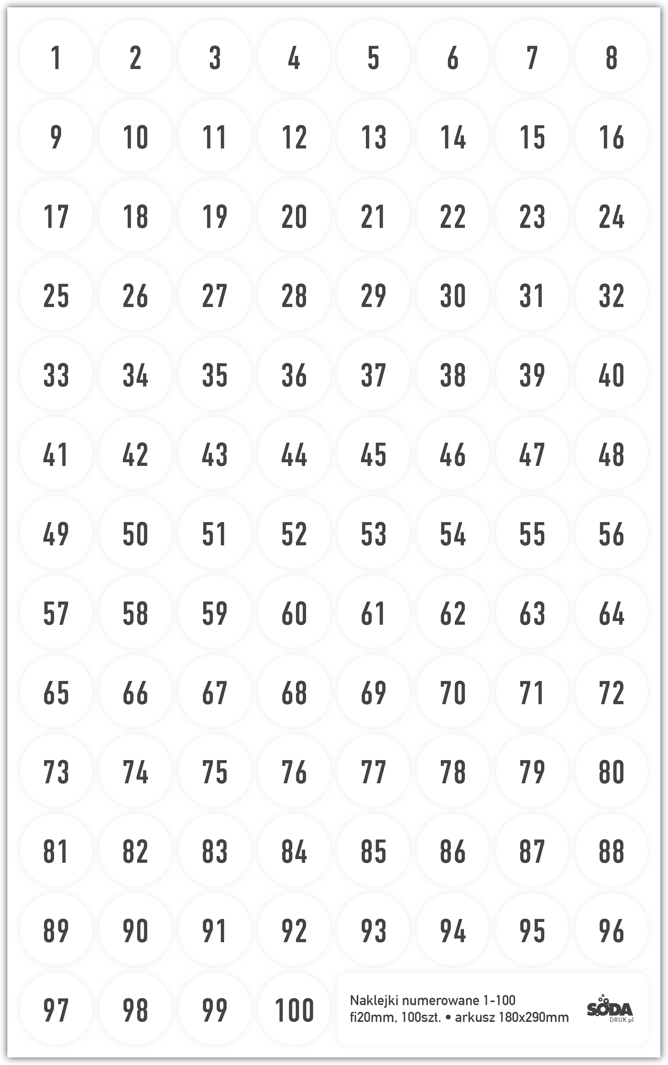 Naklejki fi20mm numerowane na arkuszu 1-100